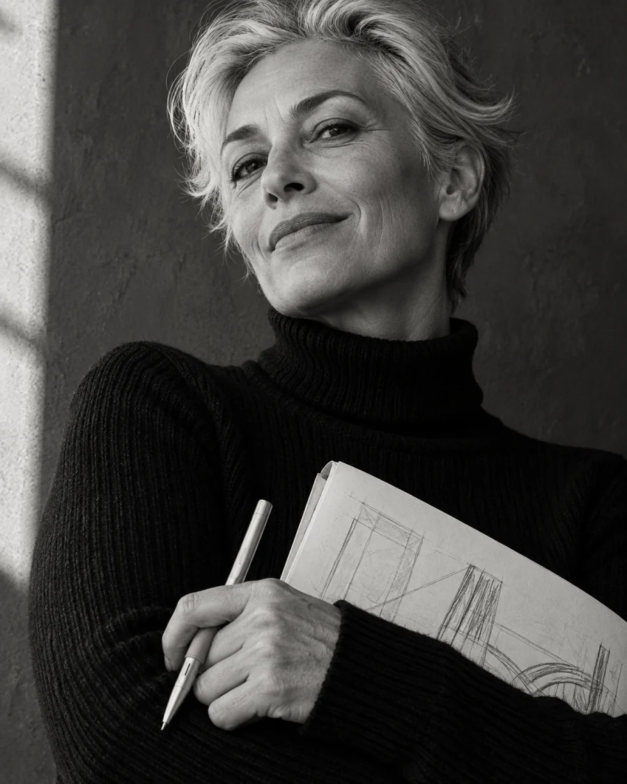 A woman holding a sketchbook and pen.