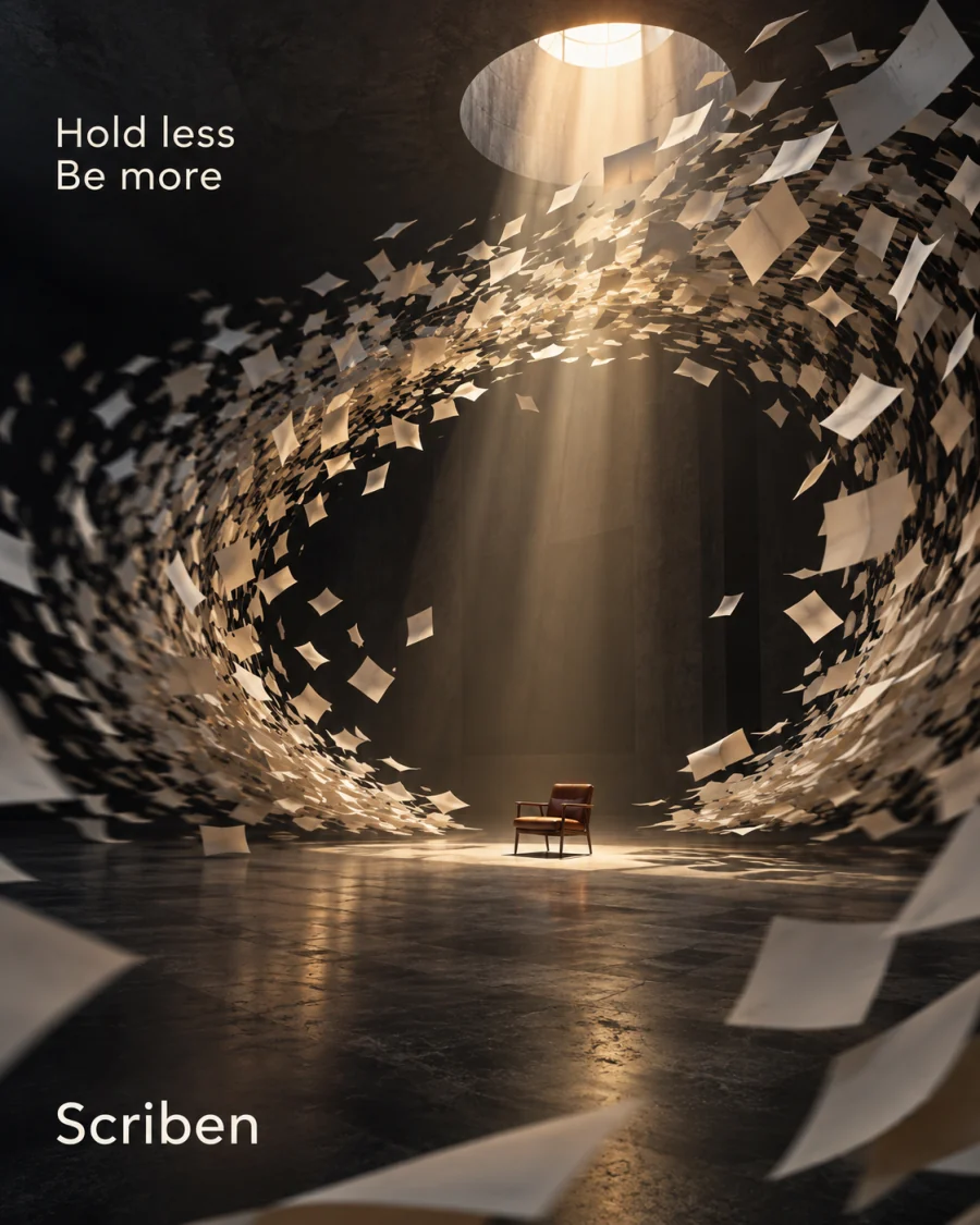 Hold less. Be more. Paper spiralling around an empty chair.