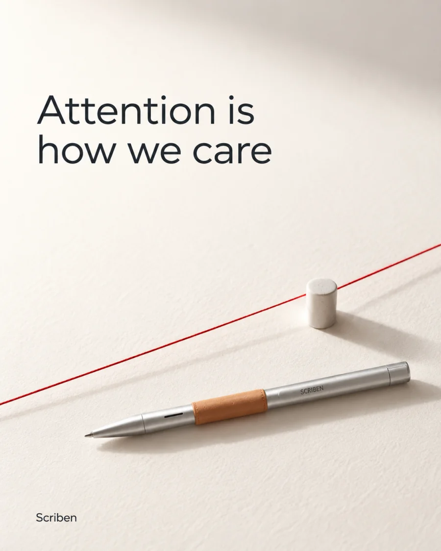 Attention is how we care. A pen beside a single red line.