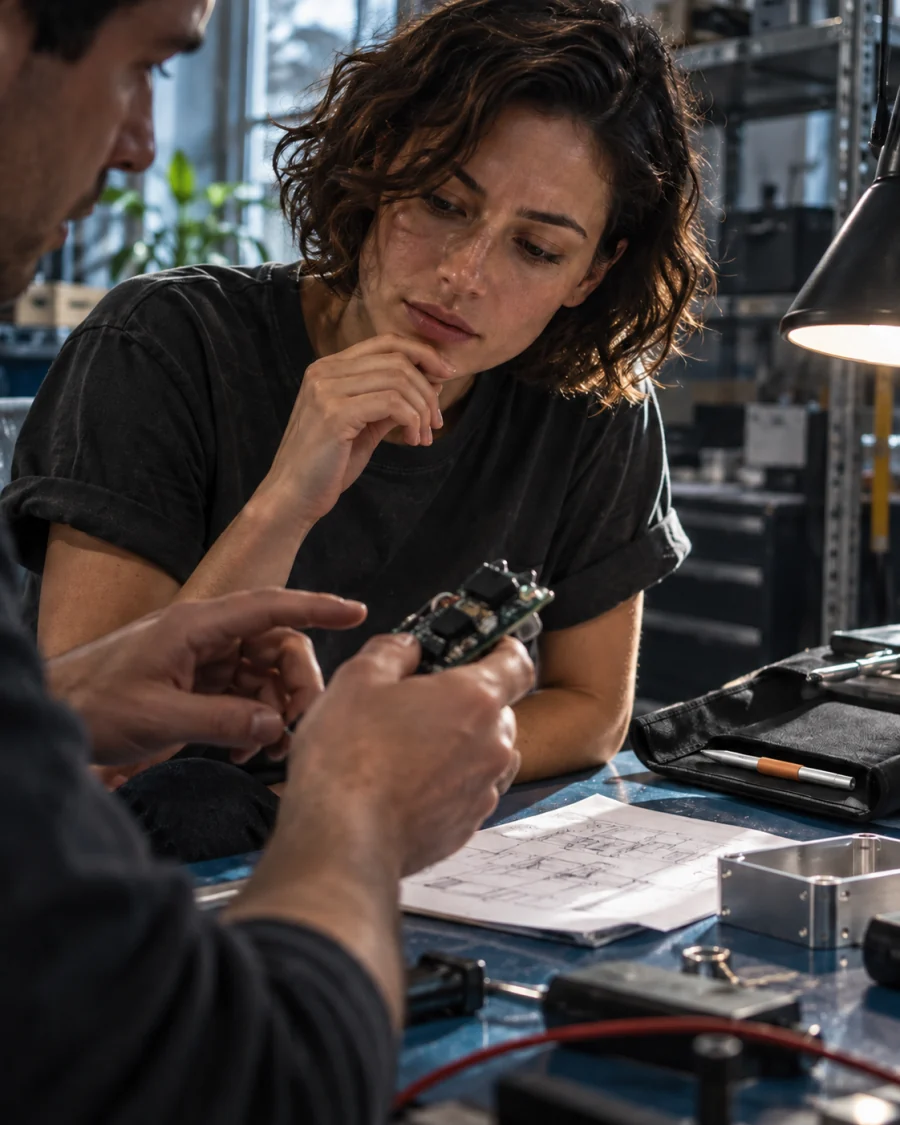 A technician examining a component at a workbench.
