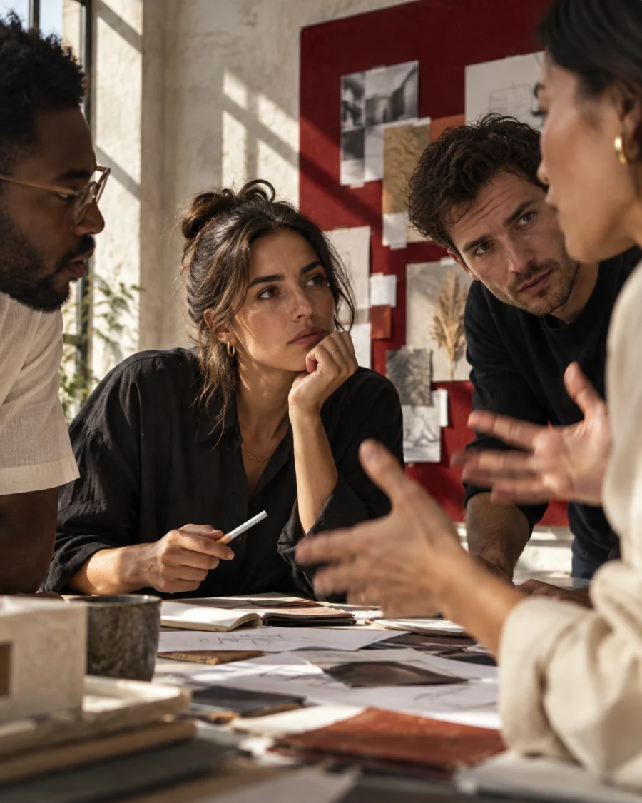 Four colleagues talking around a studio table covered in material samples.