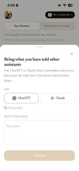 Importing remembered context from ChatGPT or Claude into Scriben