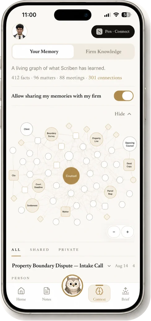Scriben iOS Memory screen connecting people, matters and decisions
