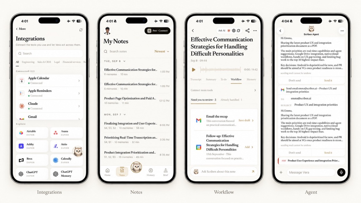 Scriben app showing integrations, notes, workflows and agent actions