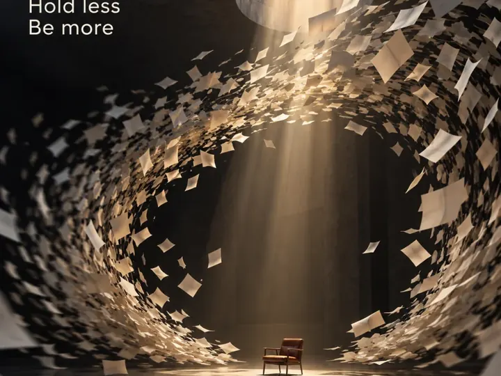 Hold less. Be more. Paper spiralling around an empty chair.