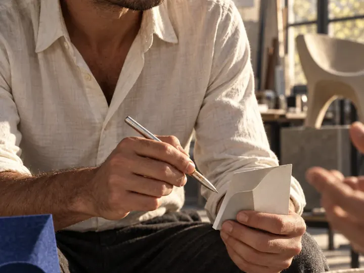 A designer marking up a paper model at a sunlit studio table.