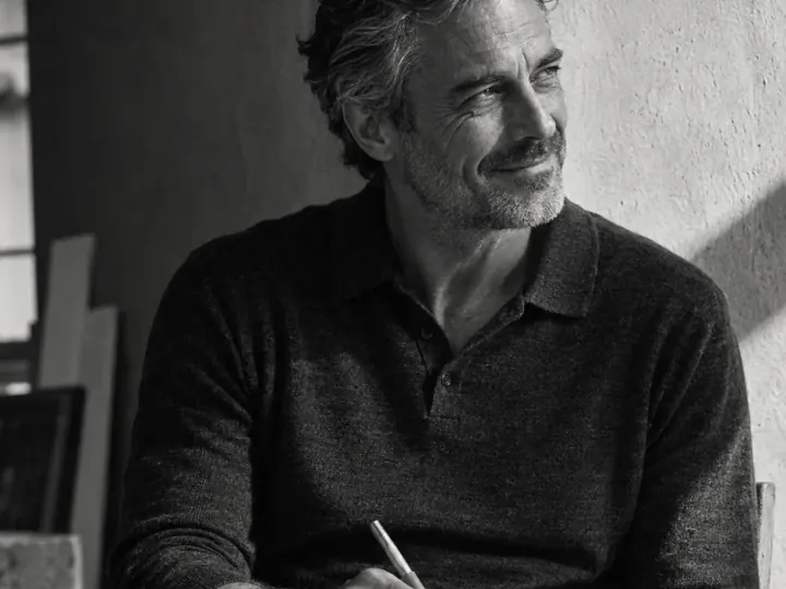 A man writing in a notebook against a plaster wall.