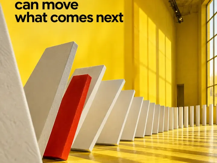 One thought can move what comes next. Dominoes mid-fall.