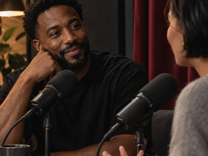 Two people recording a conversation at a podcast desk.