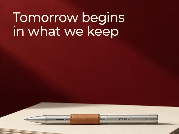Tomorrow begins in what we keep. A pen on a stack of paper.