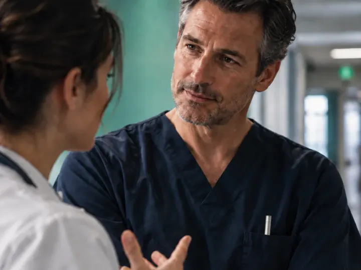 Two clinicians conferring in a hospital corridor.