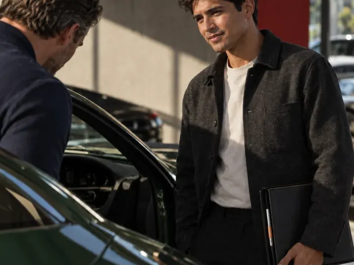 A salesperson meeting a customer in a car showroom.