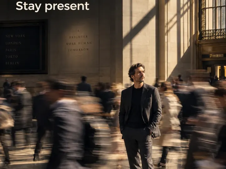 The world moves. Stay present. A man still in a rushing station.