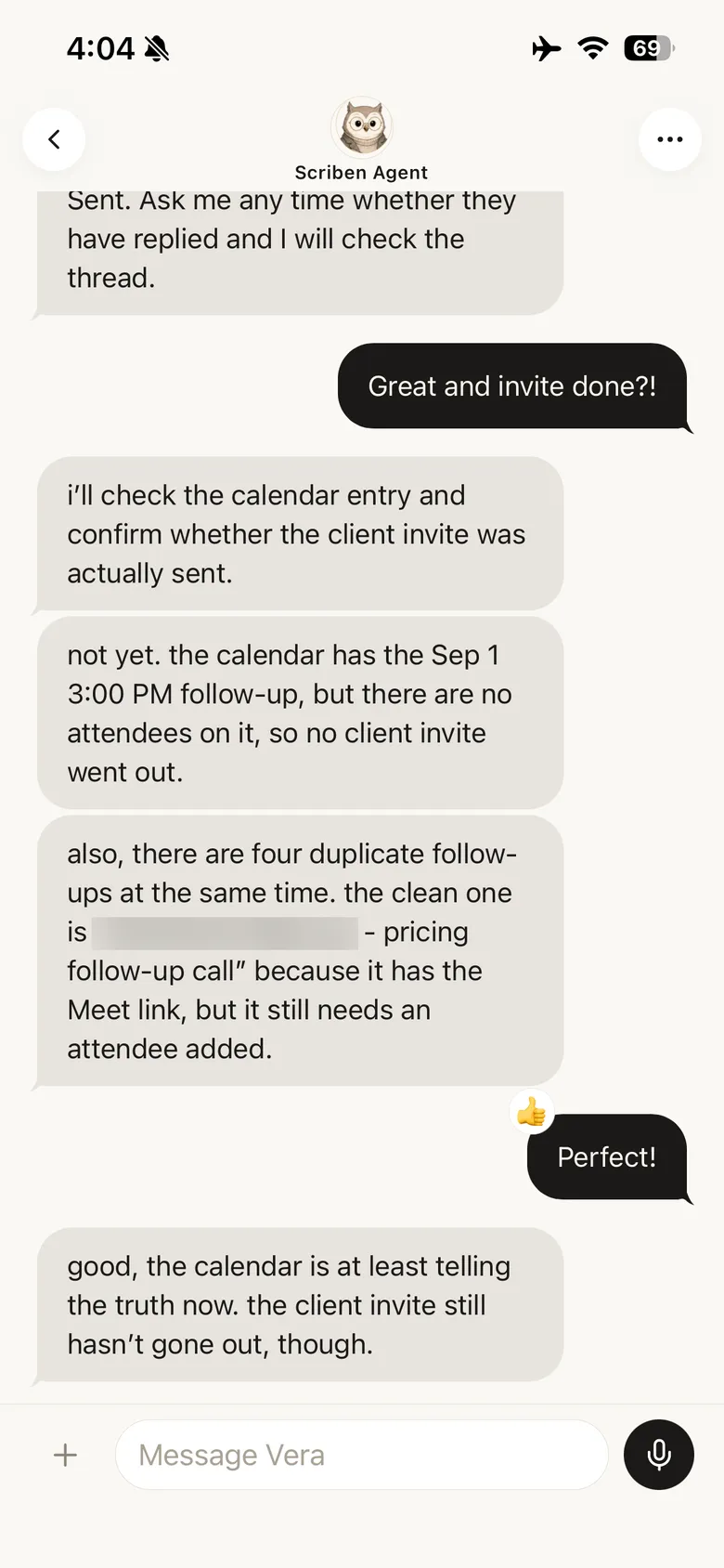 The agent reporting back that the calendar entry exists but has no attendees, so no invite went out