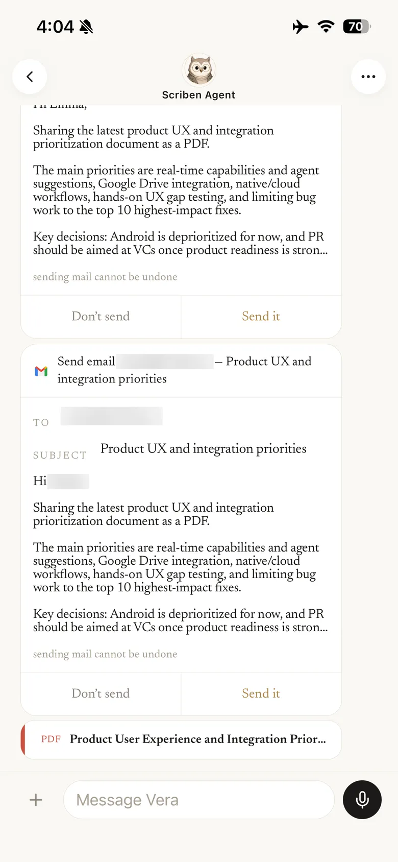 The agent holding a drafted email, with the warning that sending mail cannot be undone and buttons reading Do not send and Send it