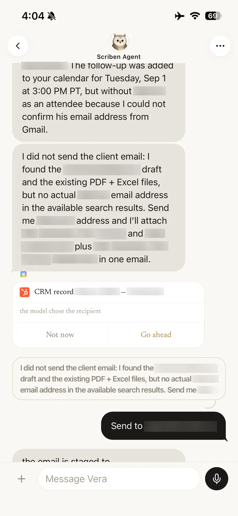 The agent explaining it did not send the client email because it could not confirm the address, with Not now and Go ahead