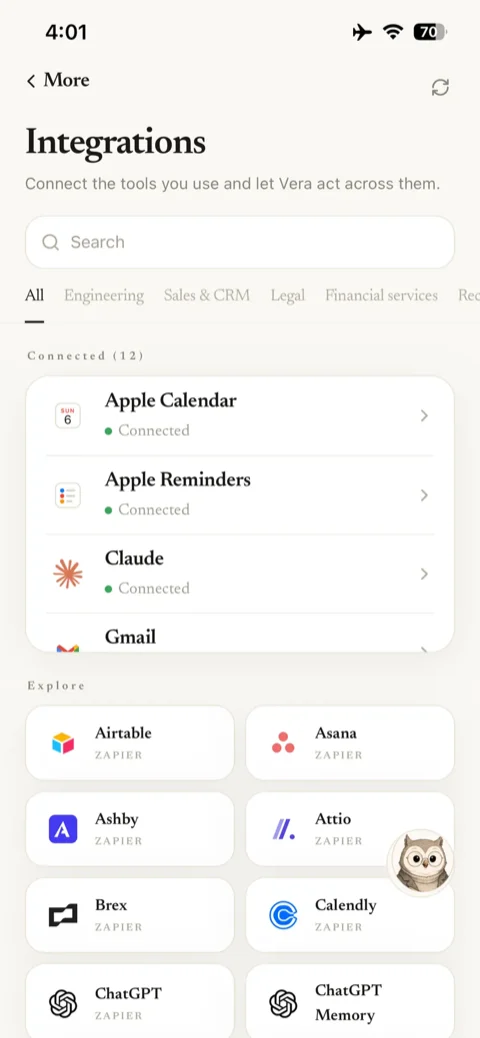 The Integrations screen showing twelve connected tools including Apple Calendar, Apple Reminders, Claude and Gmail, above a grid of others to explore