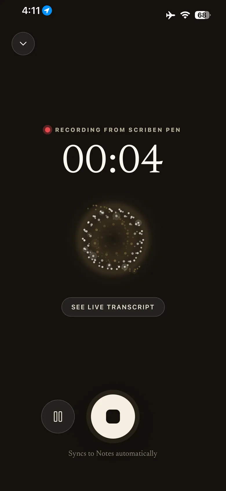 The live recording screen showing the elapsed time and that it is recording from the Scriben pen