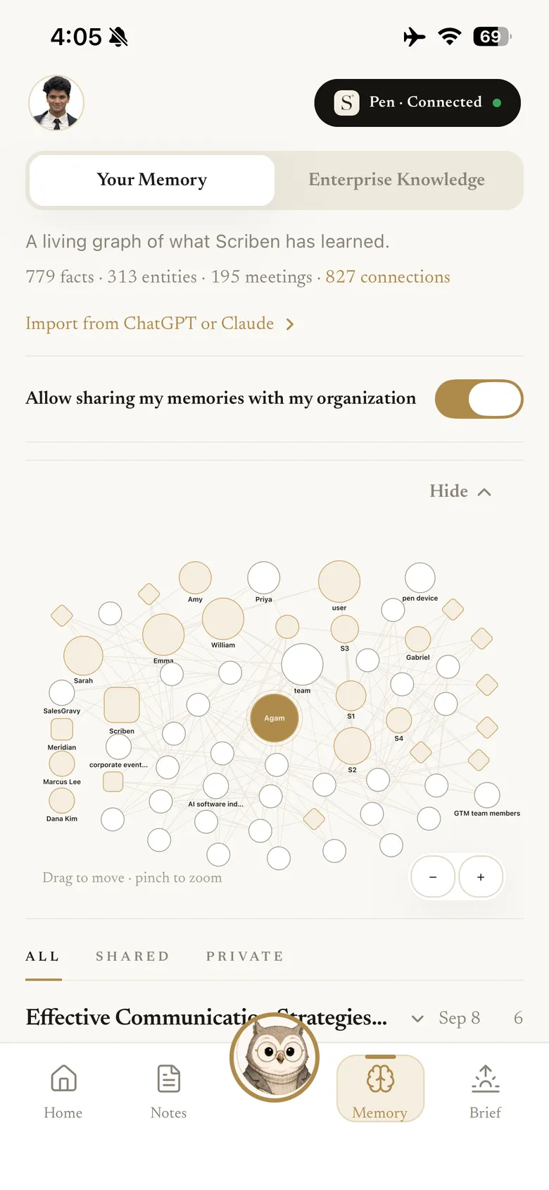 The Memory screen showing a living graph of facts, entities, meetings and connections