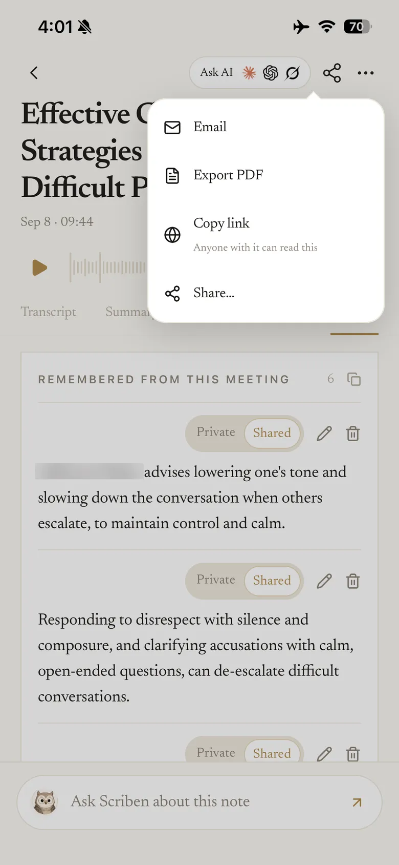 The share sheet on a note, offering Export PDF, a read-only link and email