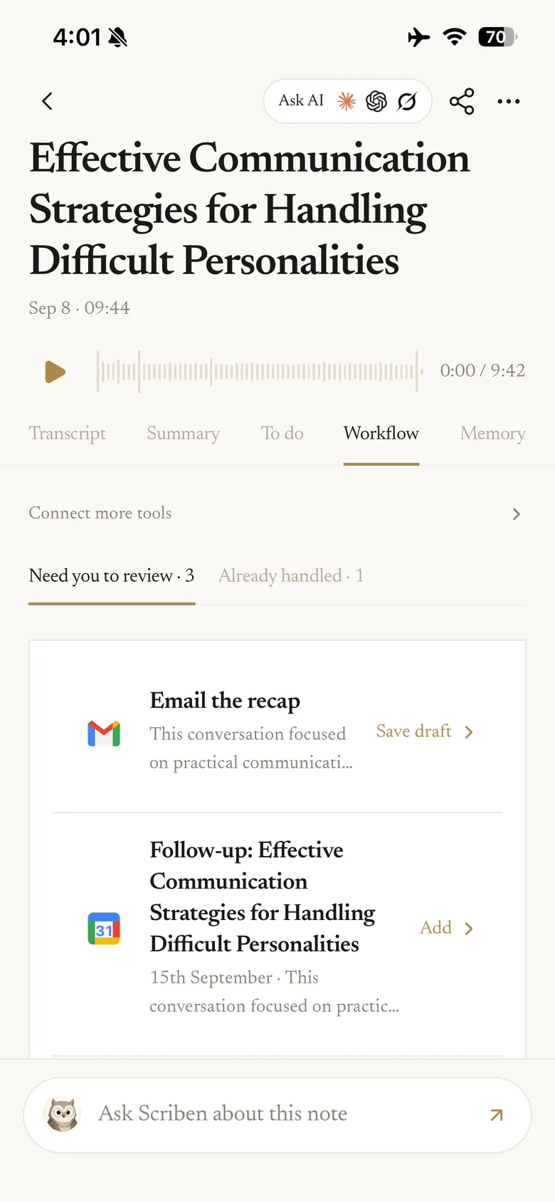 The Workflow tab listing drafted actions waiting for review, including an email recap and a follow-up