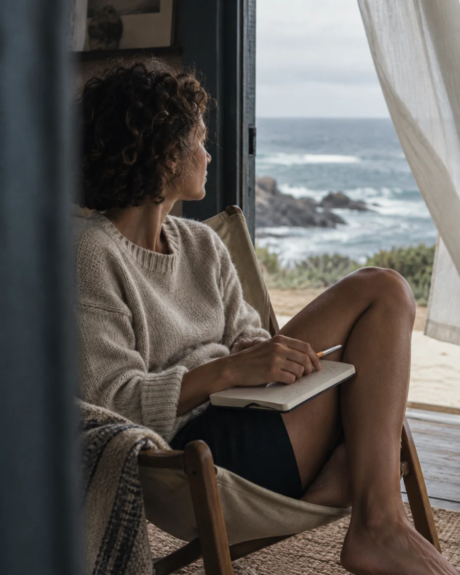 A woman writing in a notebook by an open window looking out over the sea