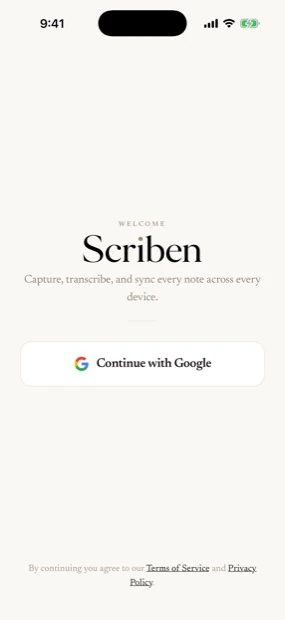 The Scriben sign-in screen with Continue with Google